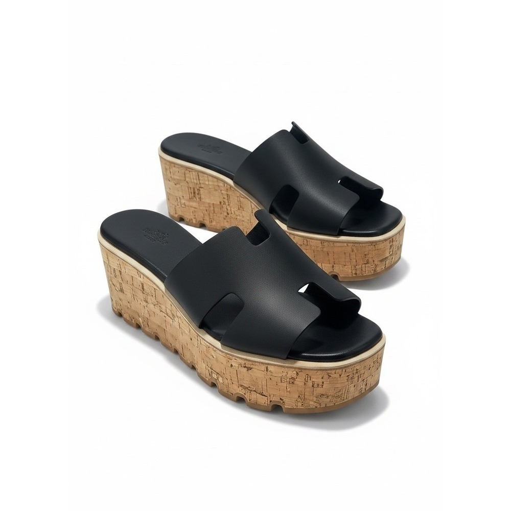 Hermes Eze 30 Cork Platform H Slide Sandals Black Leather Size 40
